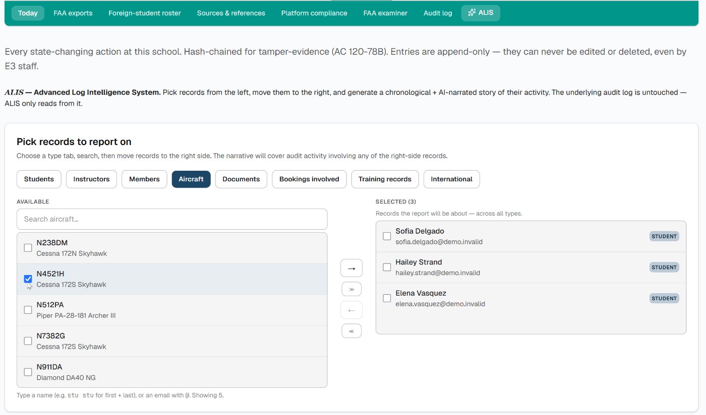 ALIS report builder — choose a record type, search, and move students, instructors, aircraft, documents, or bookings into the report