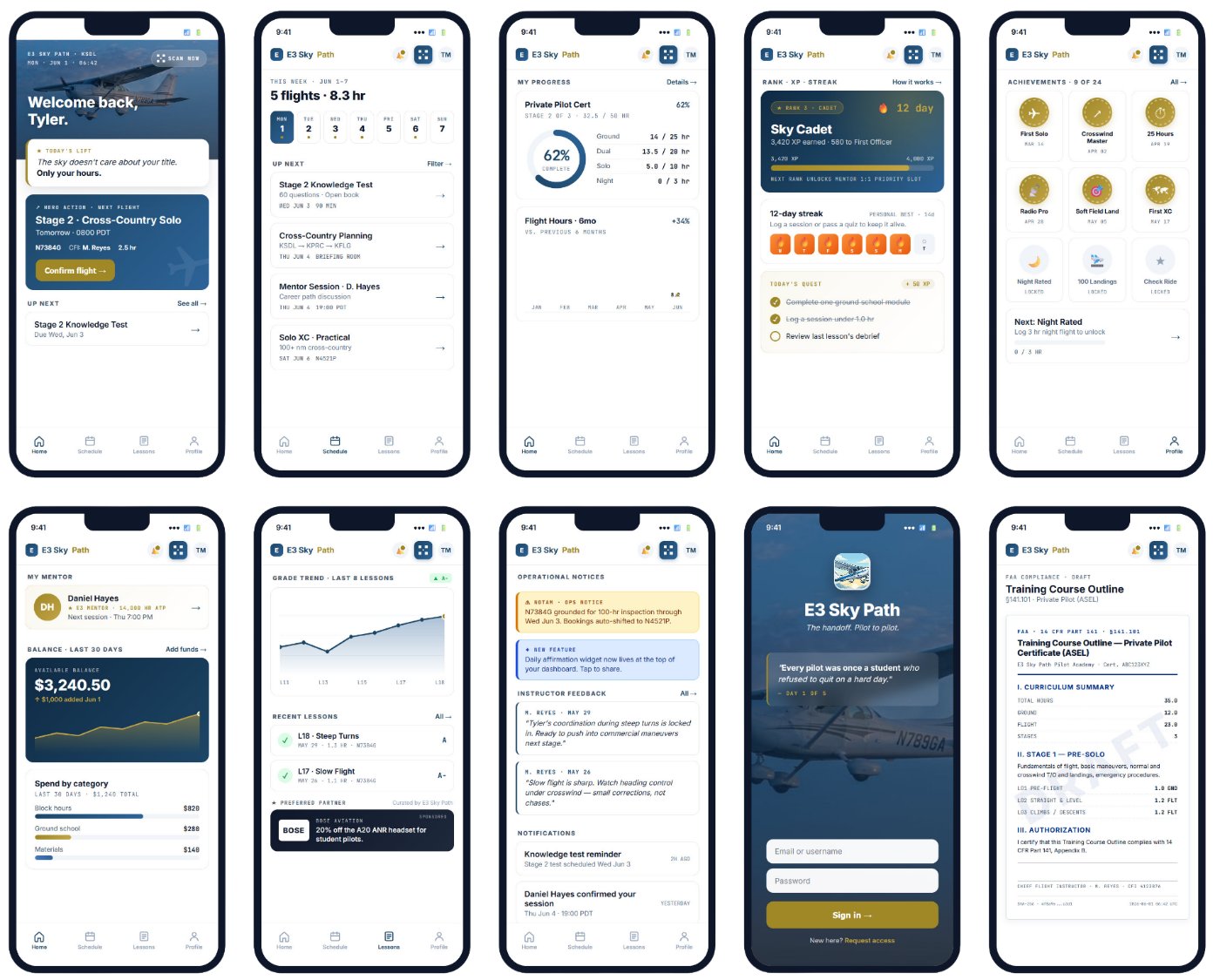 The E3 SkyPath mobile app — home, schedule, progress, rank, achievements, mentor, lessons, notices, sign-in, and the FAA training outline