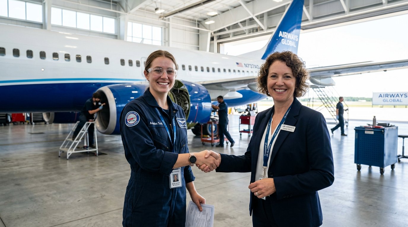 A newly hired aviation graduate shaking hands with an airline recruiter in front of an airliner