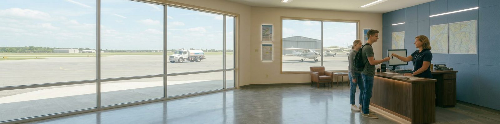 A flight-school mentor handing a student the keys at the FBO desk