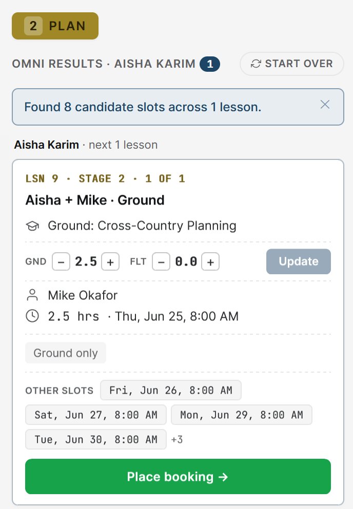 Omni results — ranked, conflict-checked candidate slots, one tap to place