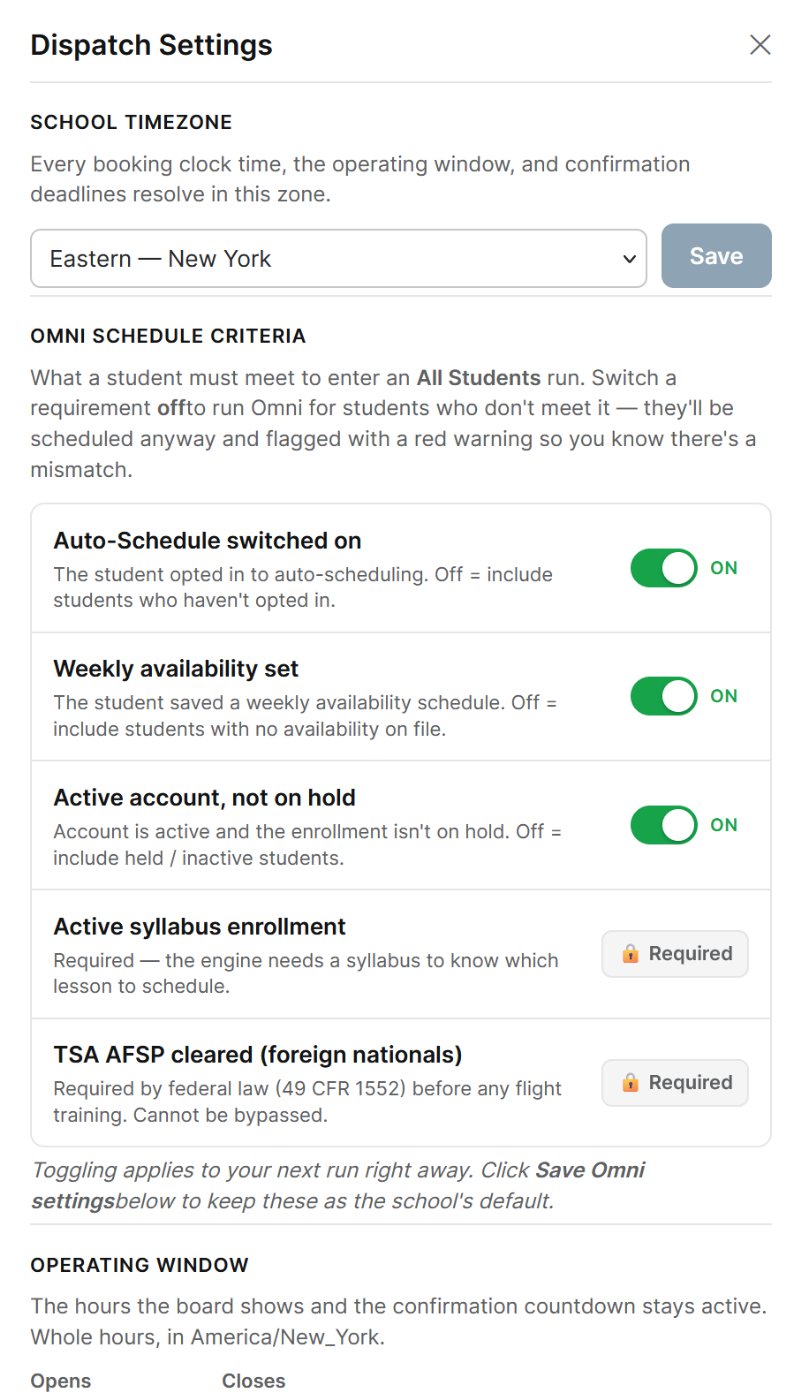 Dispatch settings — eligibility requirements with toggles