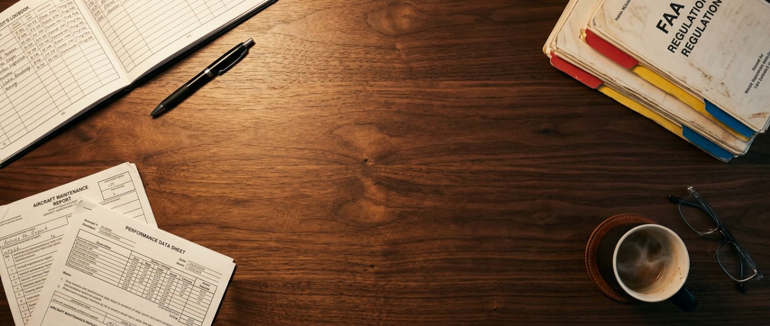 A study desk with pilot logbook, FAA regulations, and performance data sheets