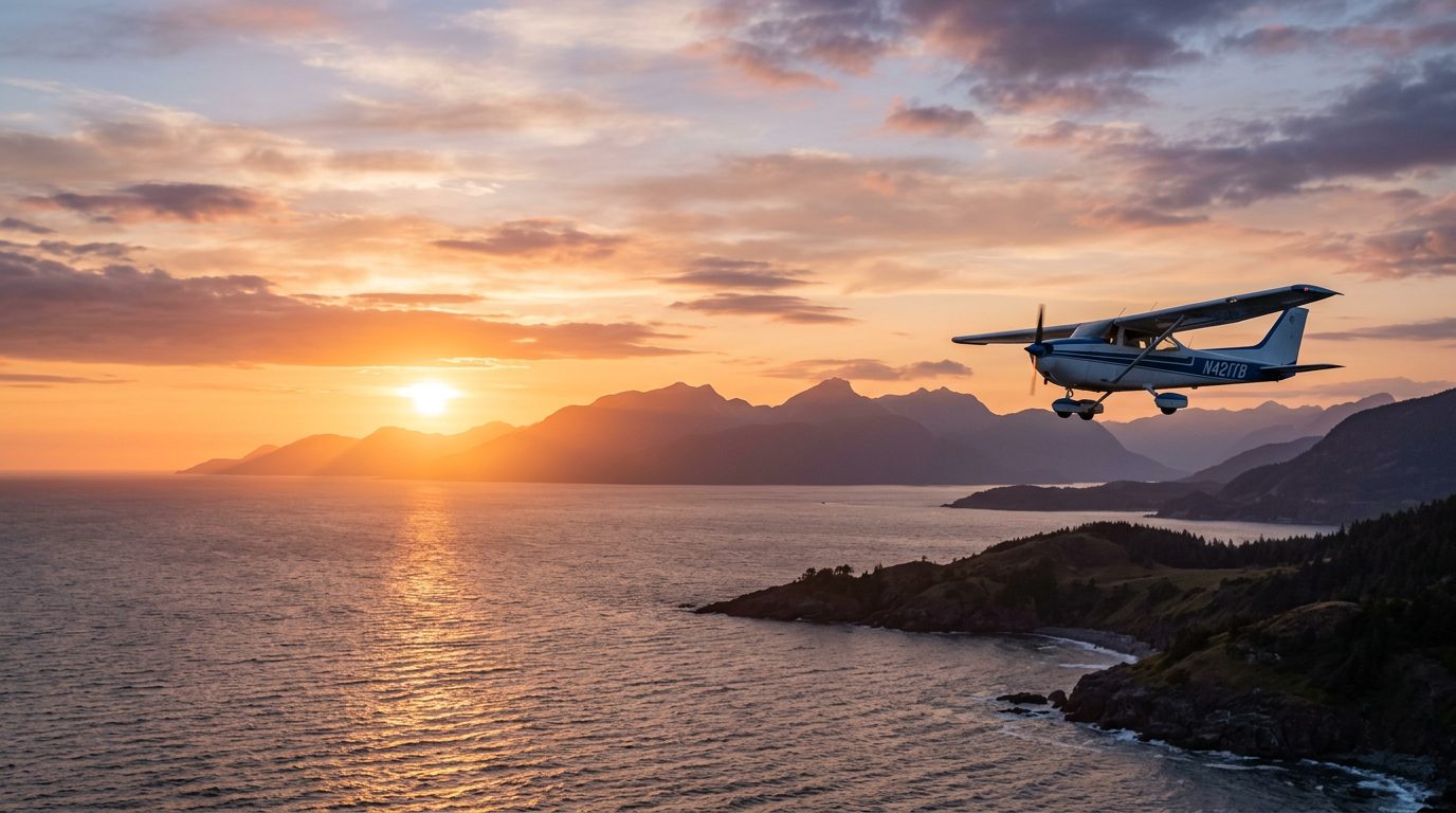A Cessna silhouetted against a sunset sky