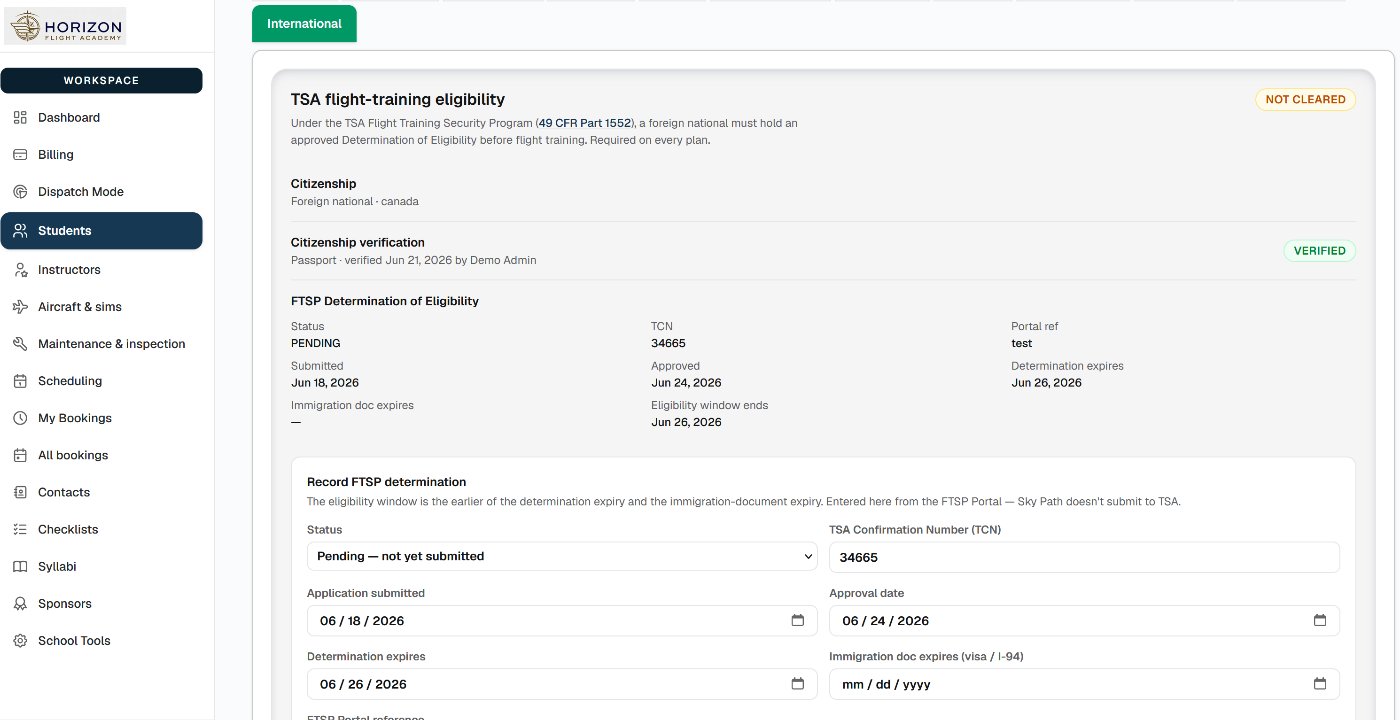 TSA flight-training eligibility — citizenship verification and FTSP Determination of Eligibility with TCN, submission, approval, and eligibility-window dates per 49 CFR Part 1552