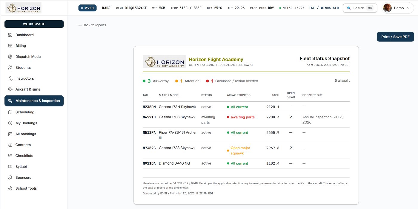 Fleet Status Snapshot — an FSDO-ready PDF report listing every aircraft's airworthiness, tach, open squawks, and soonest-due item