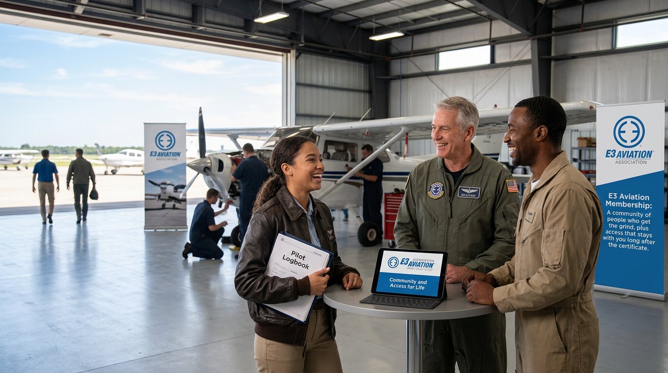 A student pilot, a captain, and an A&P mechanic talking together in a hangar at an E3 Aviation event