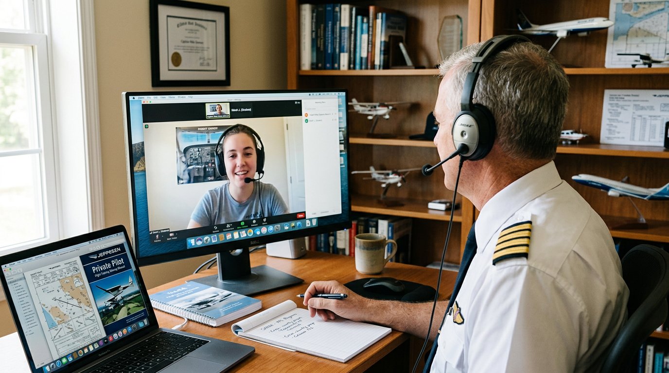 A veteran airline captain mentoring a student pilot one-on-one over a video call