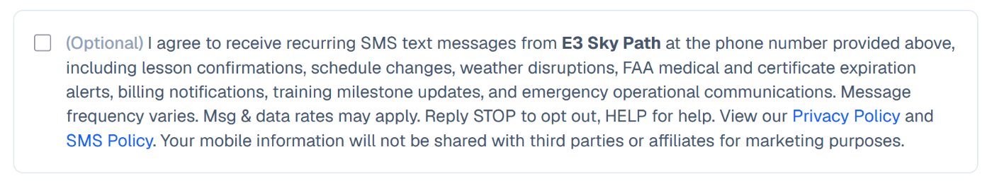 E3 SkyPath Terms and SMS consent checkboxes shown during order checkout