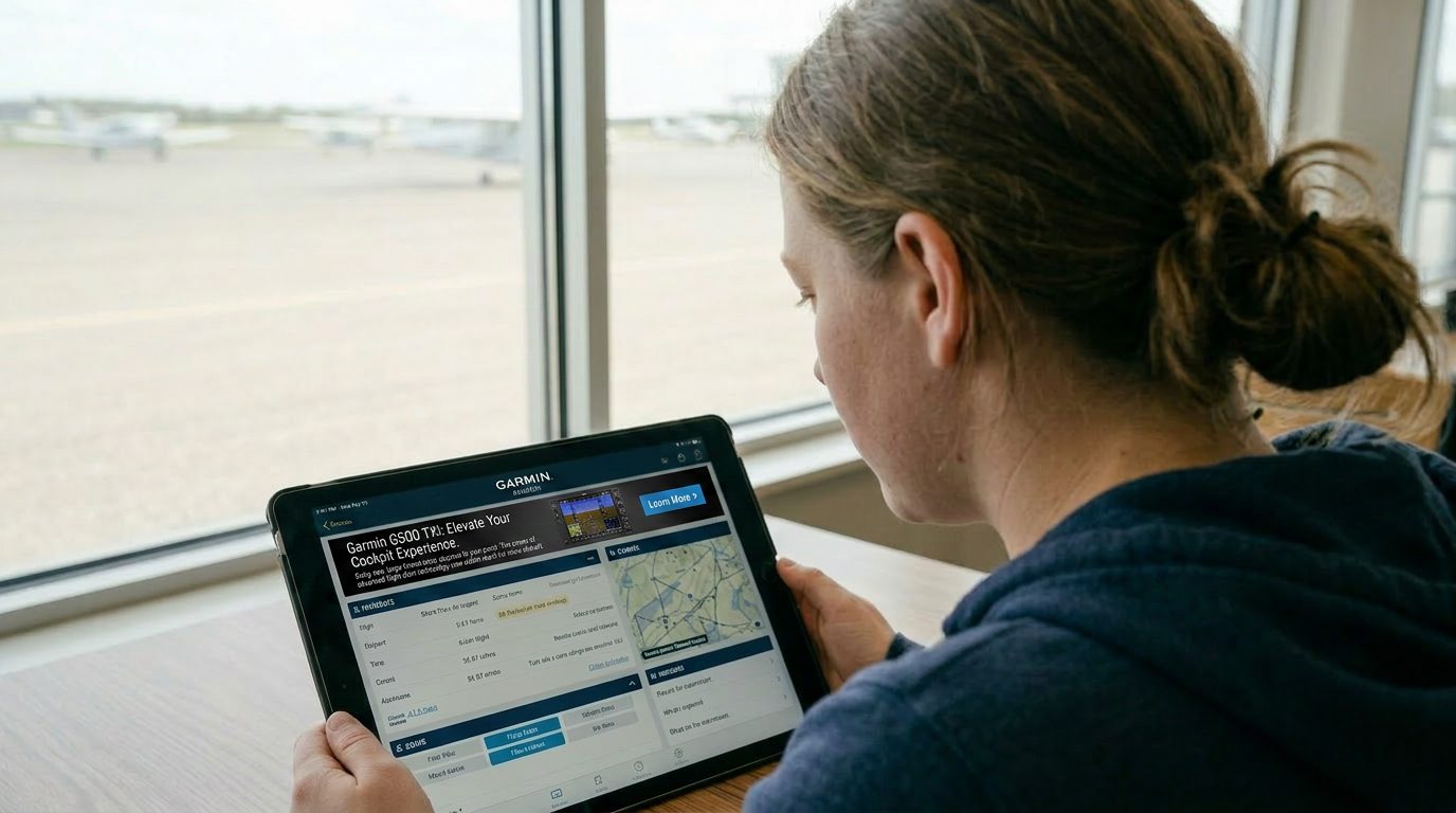 A flight-school student viewing a Garmin Aviation sponsor placement in the SkyPath app